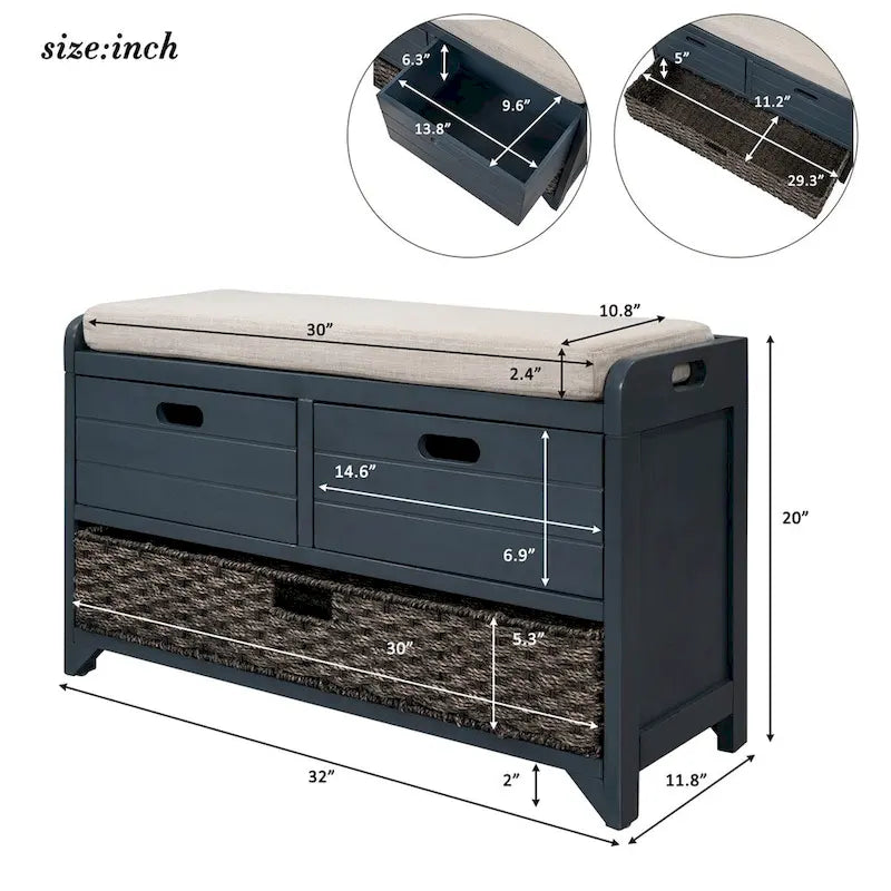 Rustic Storage Bench with Removable Basket and Removable Cushion