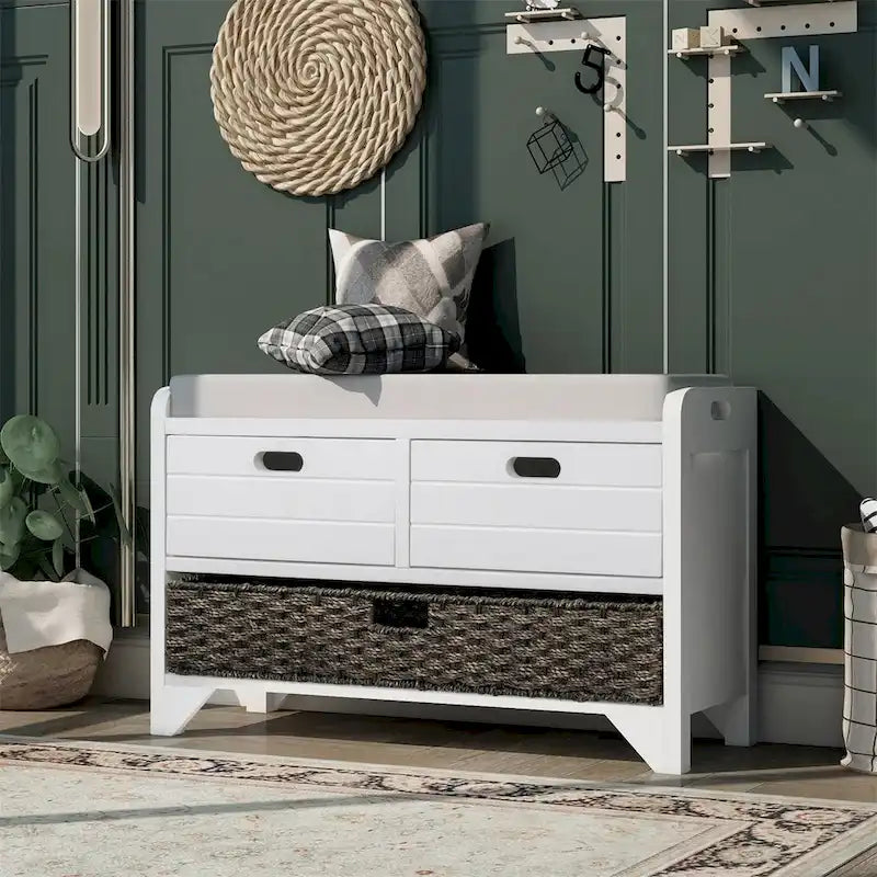 Rustic Storage Bench with Removable Basket and Removable Cushion