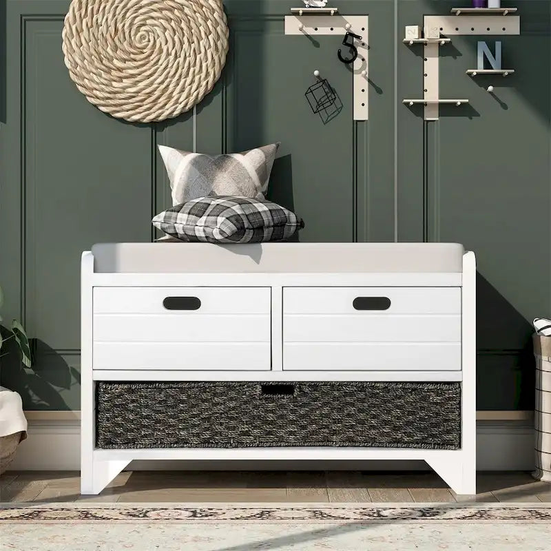 Rustic Storage Bench with Removable Basket and Removable Cushion