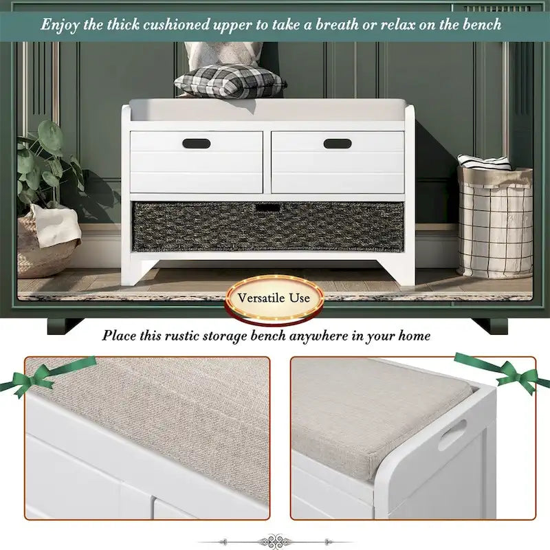 Rustic Storage Bench with Removable Basket and Removable Cushion