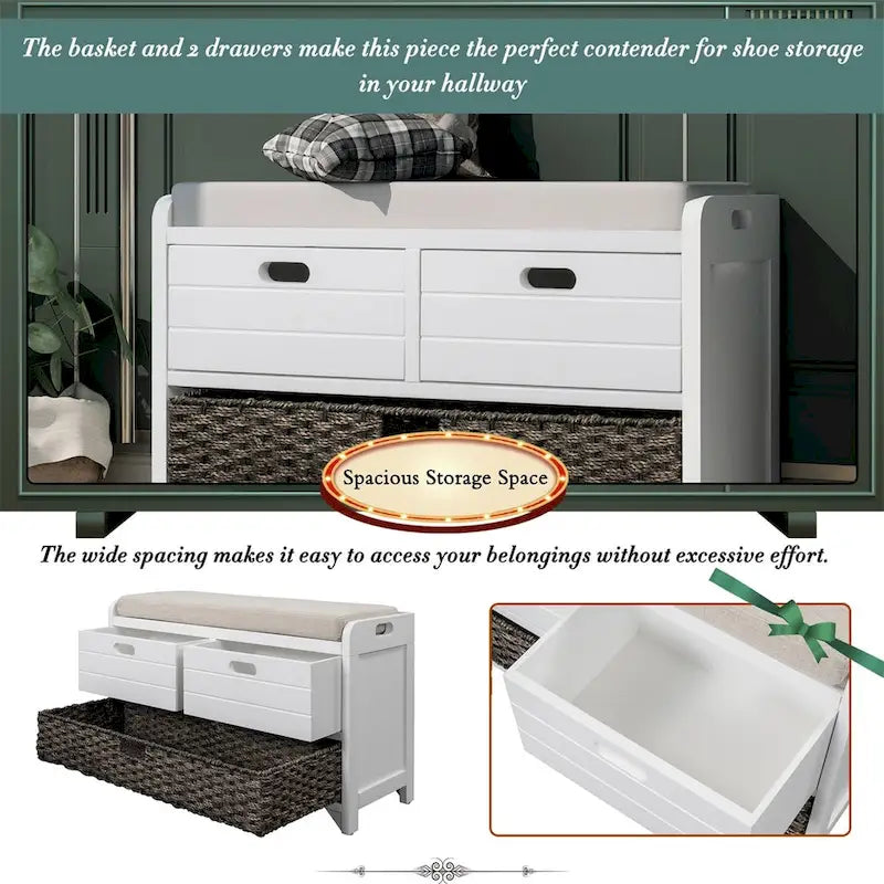Rustic Storage Bench with Removable Basket and Removable Cushion