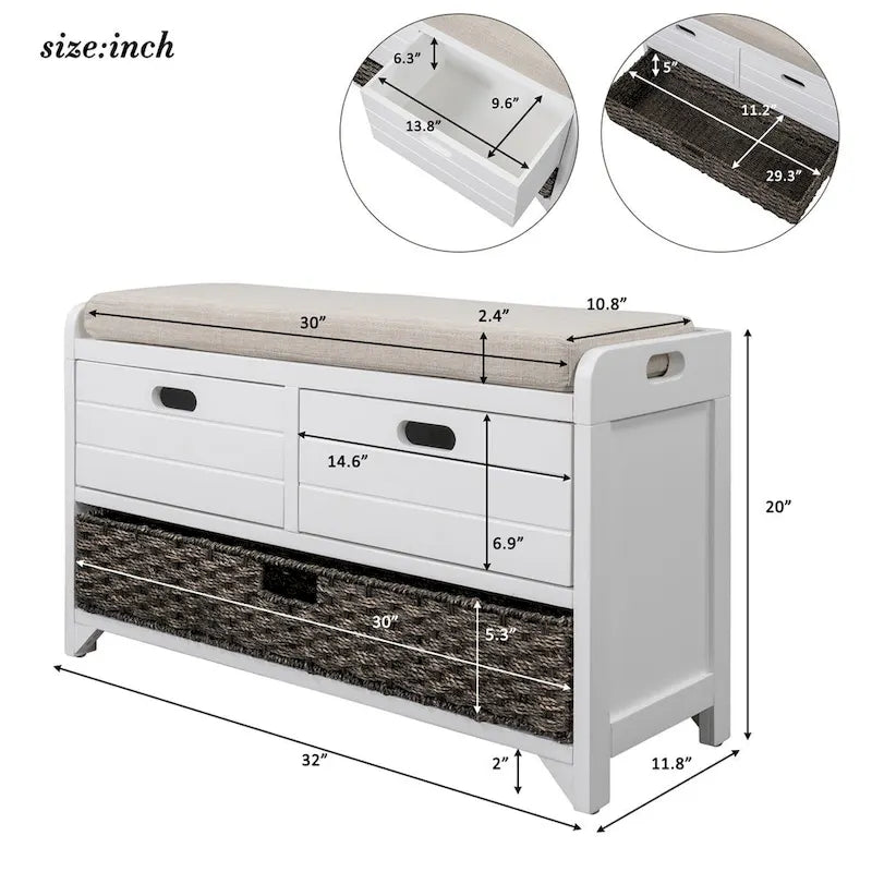 Rustic Storage Bench with Removable Basket and Removable Cushion