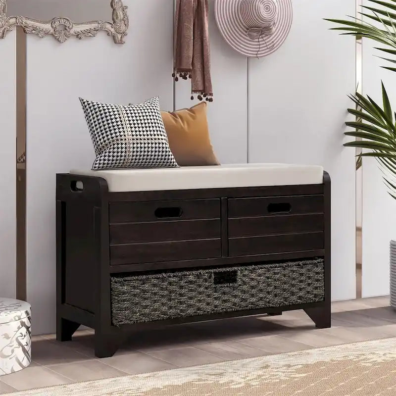 Rustic Storage Bench with Removable Basket and Removable Cushion