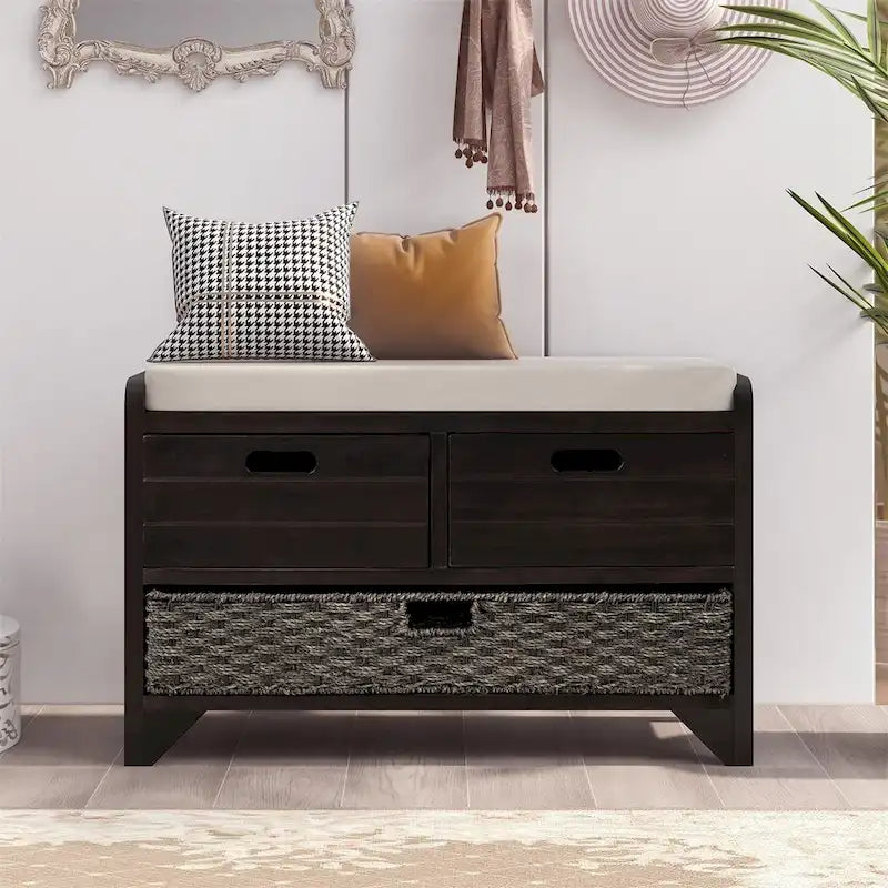 Rustic Storage Bench with Removable Basket and Removable Cushion