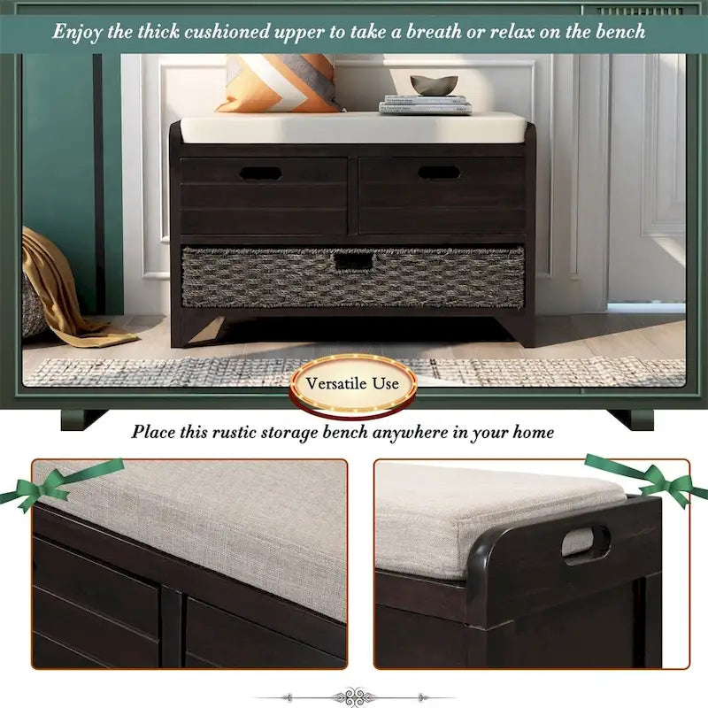 Rustic Storage Bench with Removable Basket and Removable Cushion