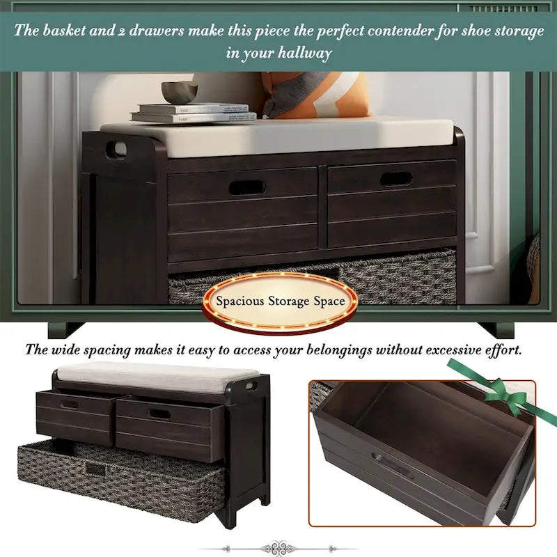 Rustic Storage Bench with Removable Basket and Removable Cushion