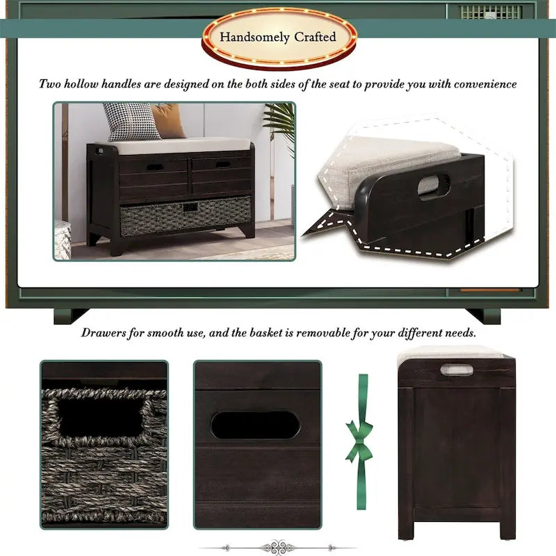 Rustic Storage Bench with Removable Basket and Removable Cushion