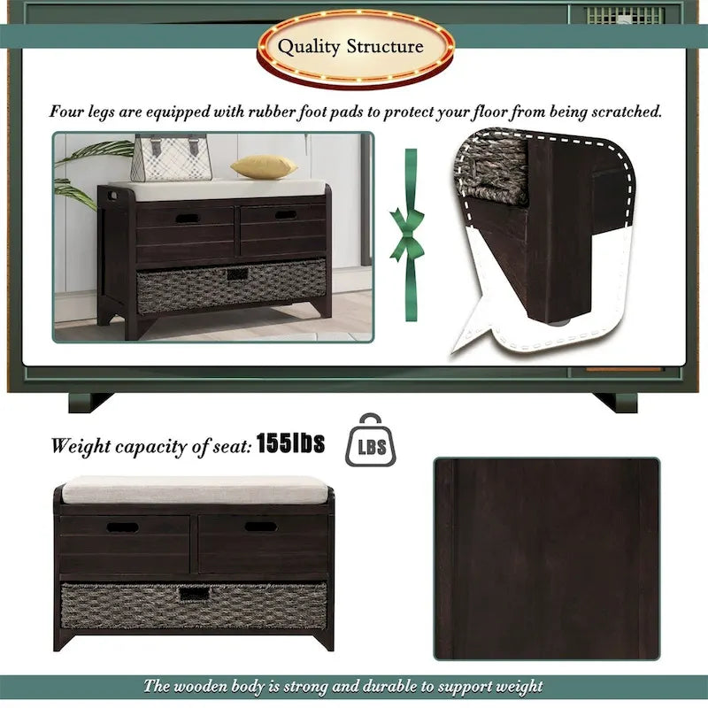 Rustic Storage Bench with Removable Basket and Removable Cushion
