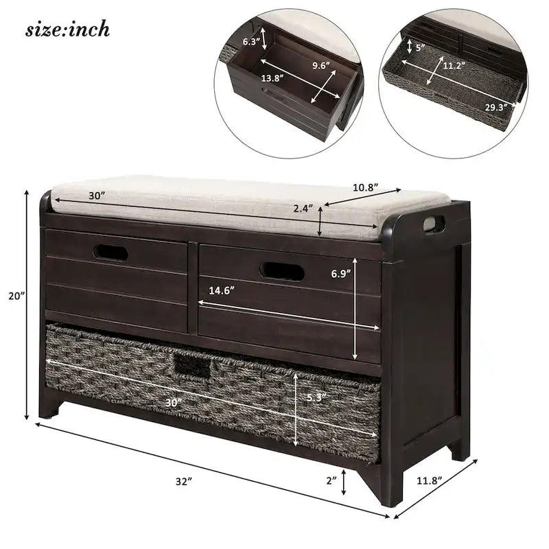 Rustic Storage Bench with Removable Basket and Removable Cushion