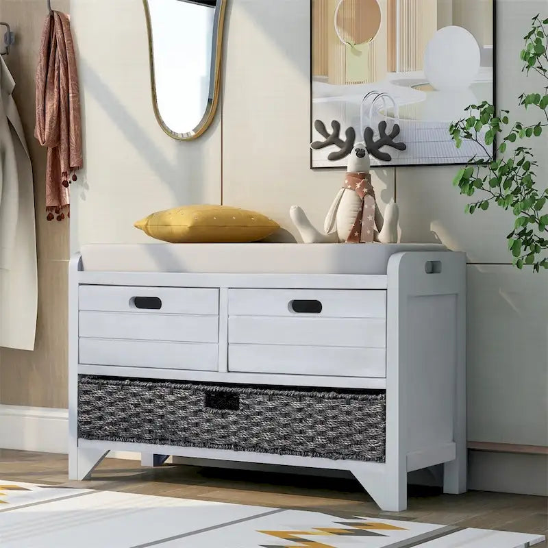 Rustic Storage Bench with Removable Basket and Removable Cushion