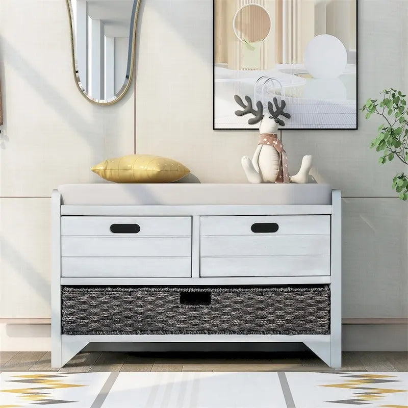 Rustic Storage Bench with Removable Basket and Removable Cushion