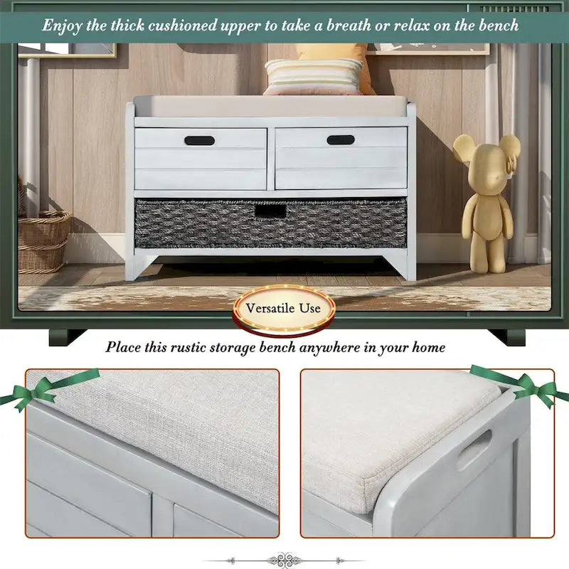 Rustic Storage Bench with Removable Basket and Removable Cushion