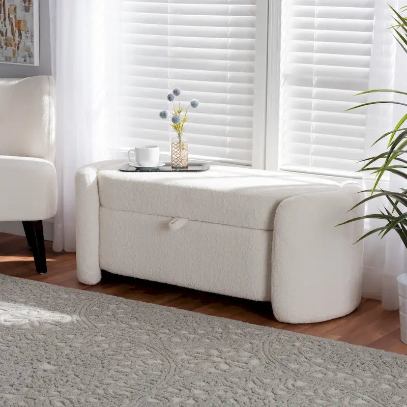Modern and Contemporary Ivory Boucle Upholstered Storage Bench