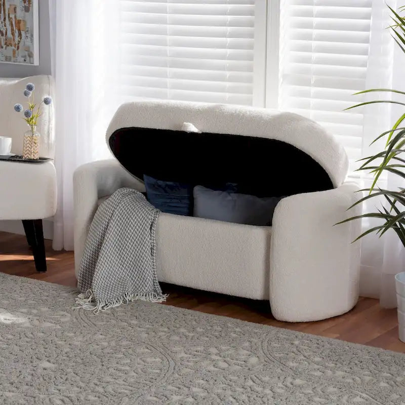 Modern and Contemporary Ivory Boucle Upholstered Storage Bench