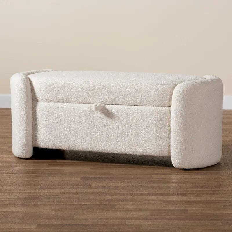 Modern and Contemporary Ivory Boucle Upholstered Storage Bench