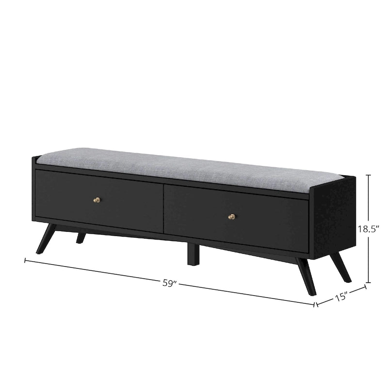 Mid-Century Modern Solid Mahogany Wood Storage Bench in Black
