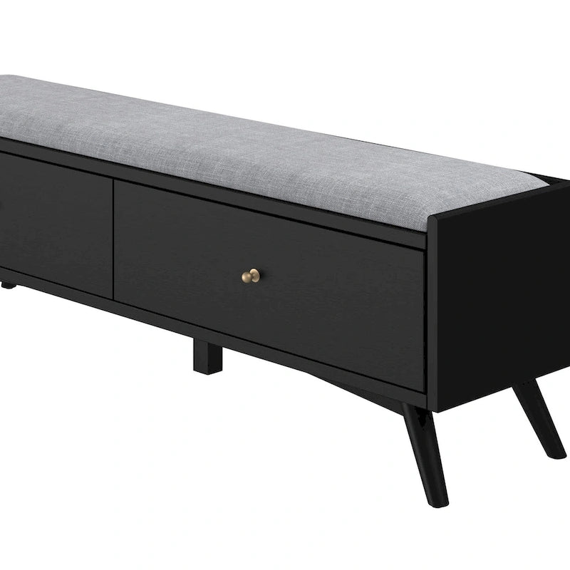 Mid-Century Modern Solid Mahogany Wood Storage Bench in Black