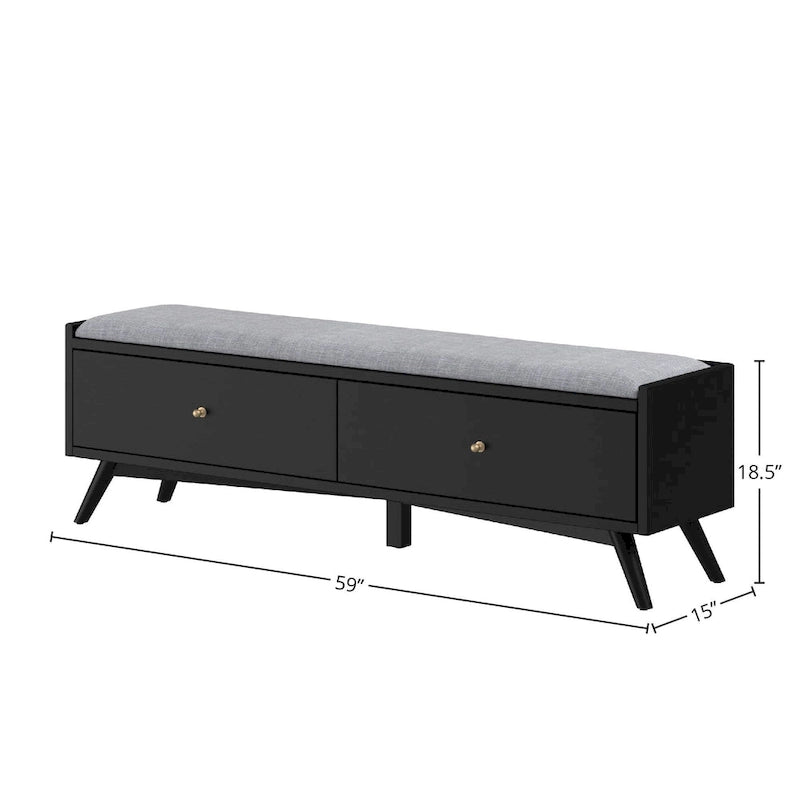 Mid-Century Modern Solid Mahogany Wood Storage Bench in Black