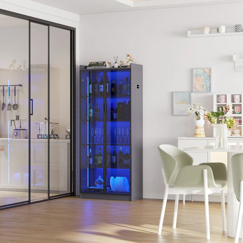 Dining Cabinet with LED Light and 5-Tier Shelves Acrylic Doors