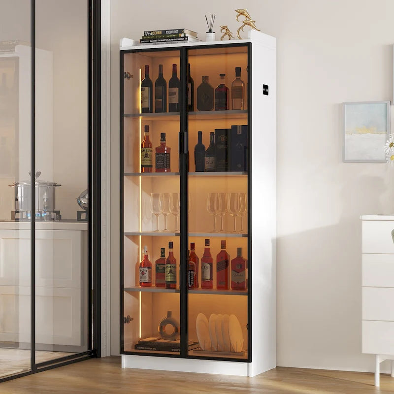 Dining Cabinet with LED Light and 5-Tier Shelves Acrylic Doors