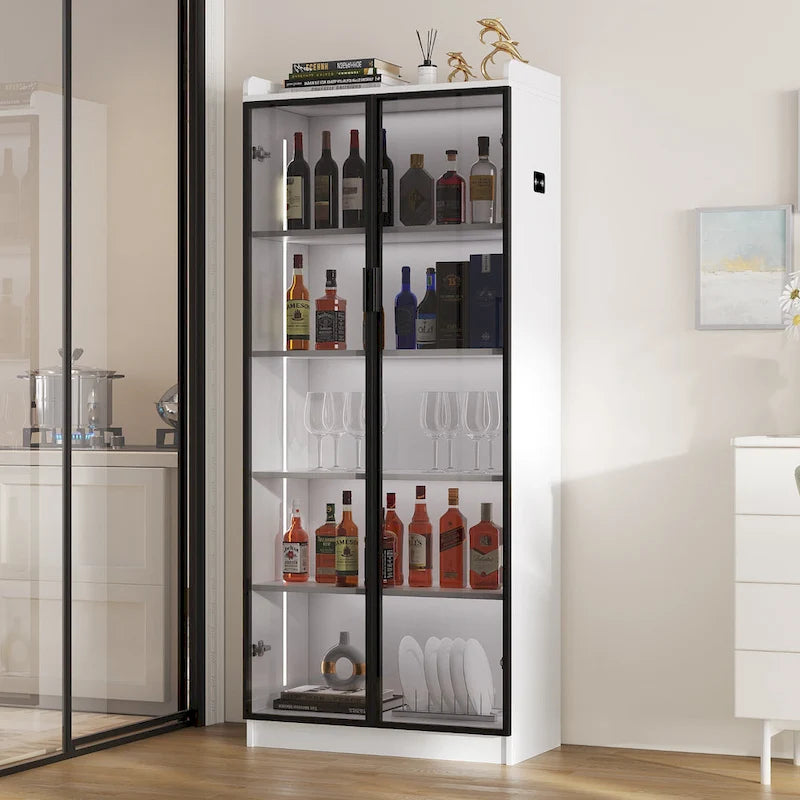 Dining Cabinet with LED Light and 5-Tier Shelves Acrylic Doors