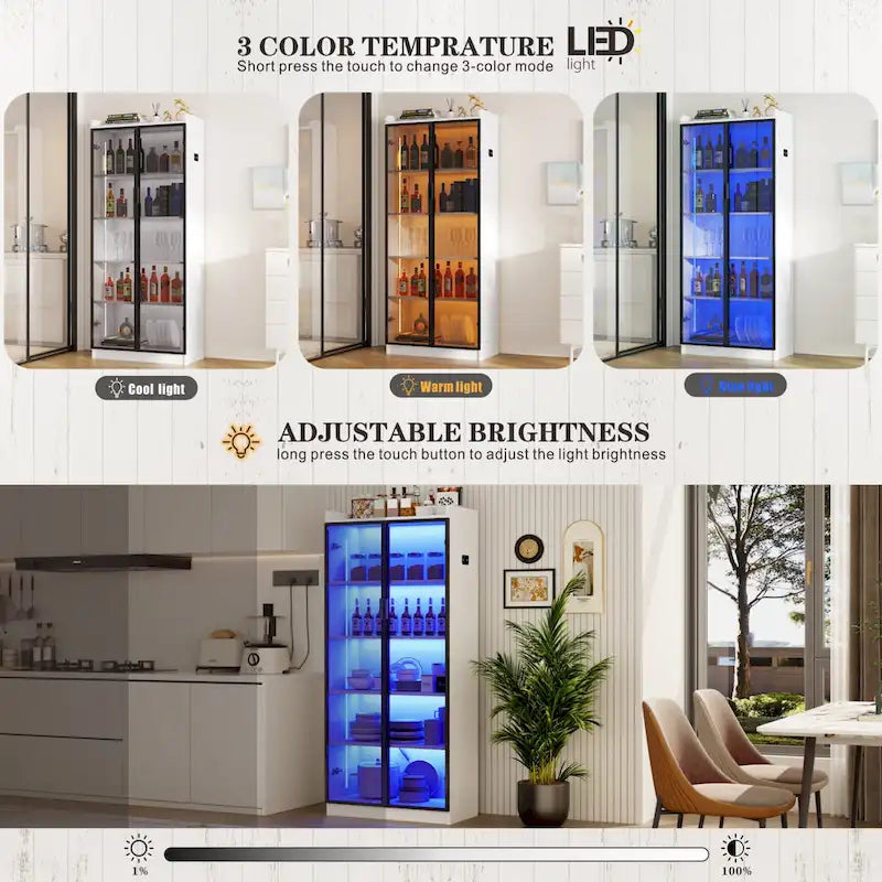 Dining Cabinet with LED Light and 5-Tier Shelves Acrylic Doors