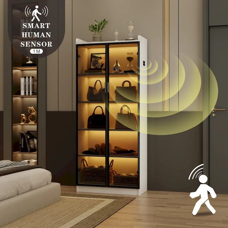 Dining Cabinet with LED Light and 5-Tier Shelves Acrylic Doors