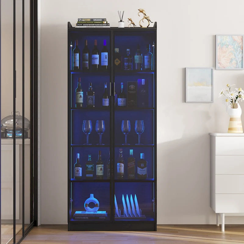 Dining Cabinet with LED Light and 5-Tier Shelves Acrylic Doors