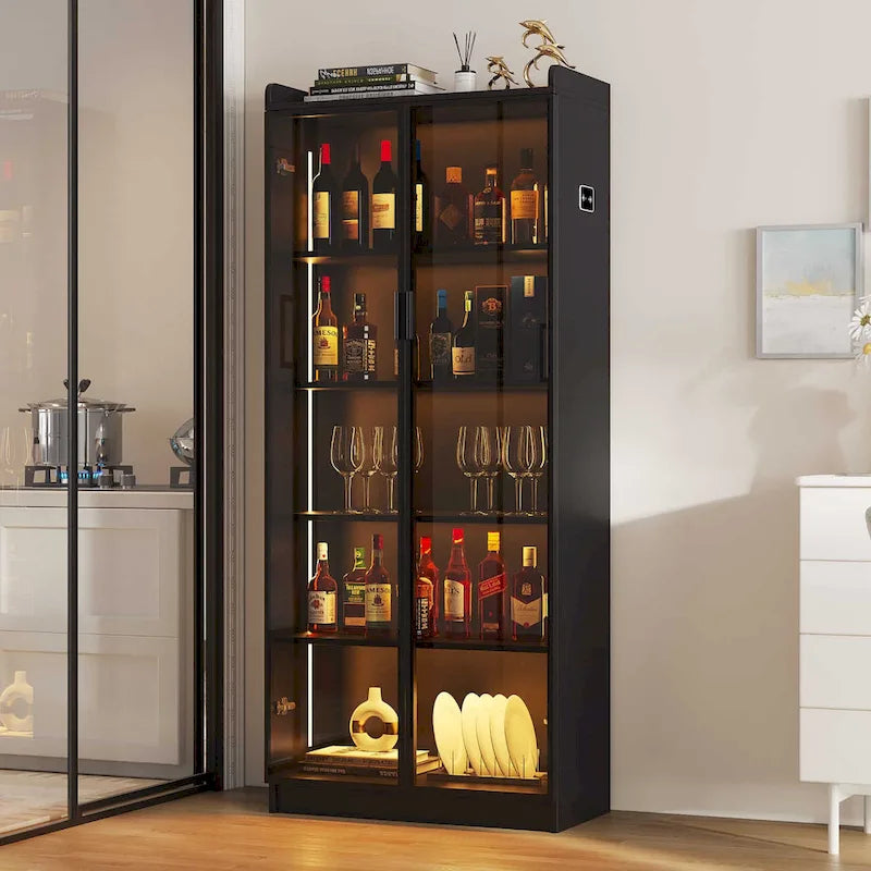 Dining Cabinet with LED Light and 5-Tier Shelves Acrylic Doors