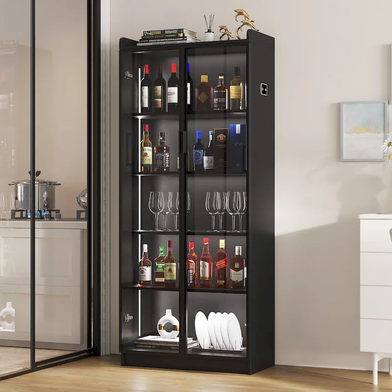 Dining Cabinet with LED Light and 5-Tier Shelves Acrylic Doors