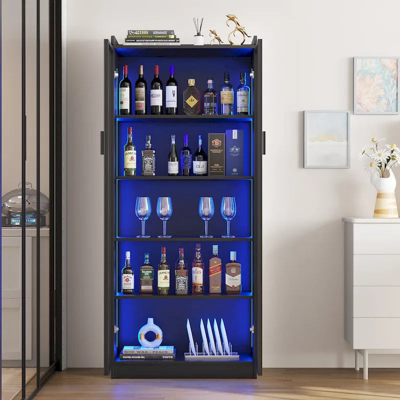 Dining Cabinet with LED Light and 5-Tier Shelves Acrylic Doors
