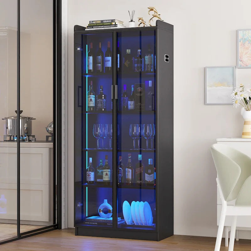 Dining Cabinet with LED Light and 5-Tier Shelves Acrylic Doors
