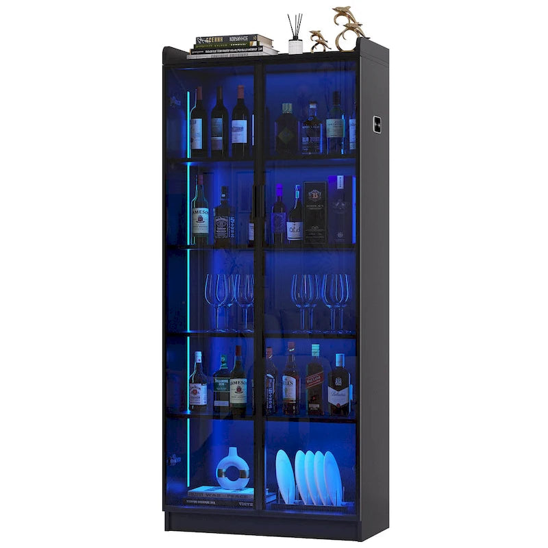 Dining Cabinet with LED Light and 5-Tier Shelves Acrylic Doors