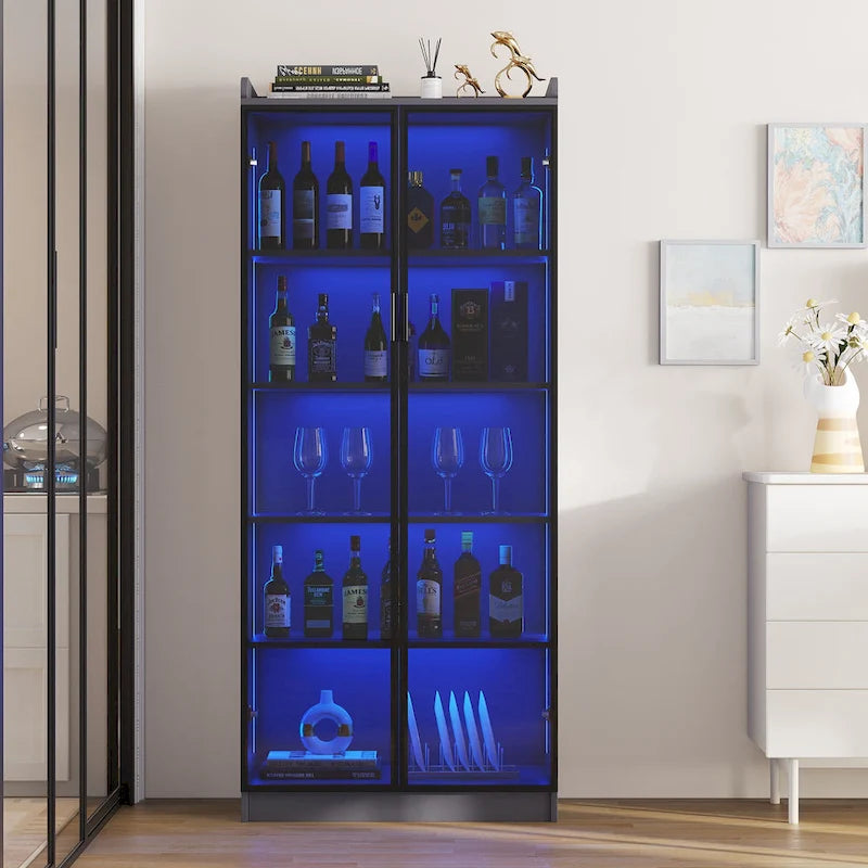 Dining Cabinet with LED Light and 5-Tier Shelves Acrylic Doors