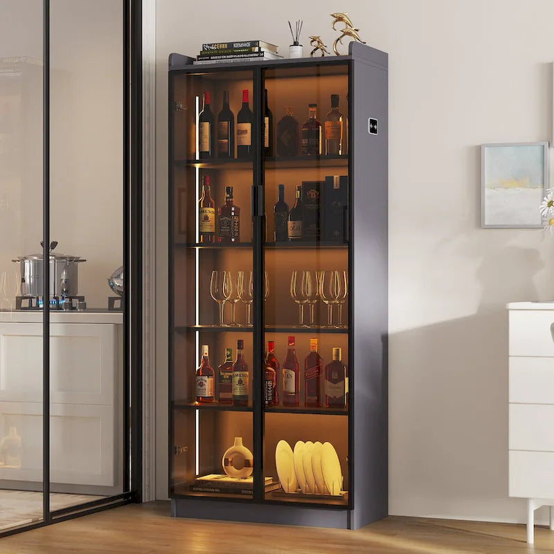 Dining Cabinet with LED Light and 5-Tier Shelves Acrylic Doors