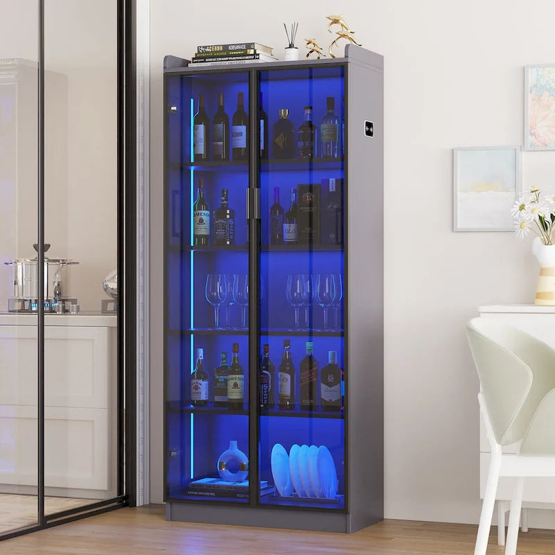 Dining Cabinet with LED Light and 5-Tier Shelves Acrylic Doors