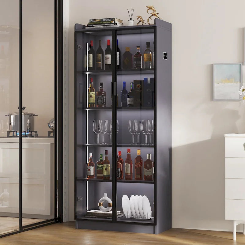 Dining Cabinet with LED Light and 5-Tier Shelves Acrylic Doors
