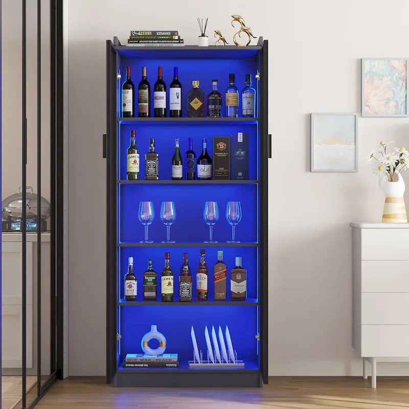 Dining Cabinet with LED Light and 5-Tier Shelves Acrylic Doors