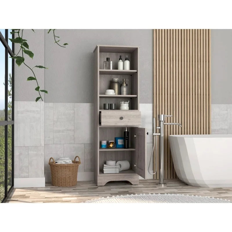 Linen Cabinet with Drawer, 3 Open Shelves, and Single Door Cabinet