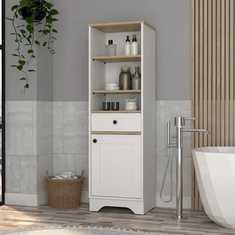 Linen Cabinet with Drawer, 3 Open Shelves, and Single Door Cabinet