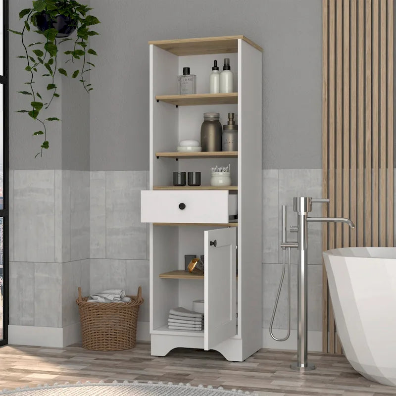 Linen Cabinet with Drawer, 3 Open Shelves, and Single Door Cabinet