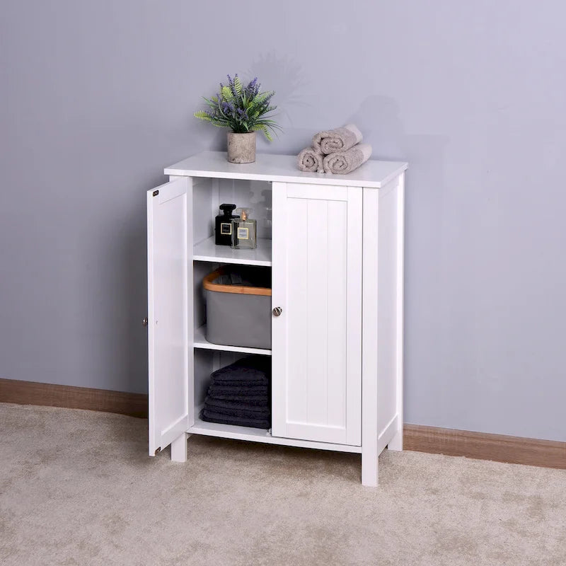 Wooden Bathroom Floor Storage Cabinet with Adjustable Shelves White