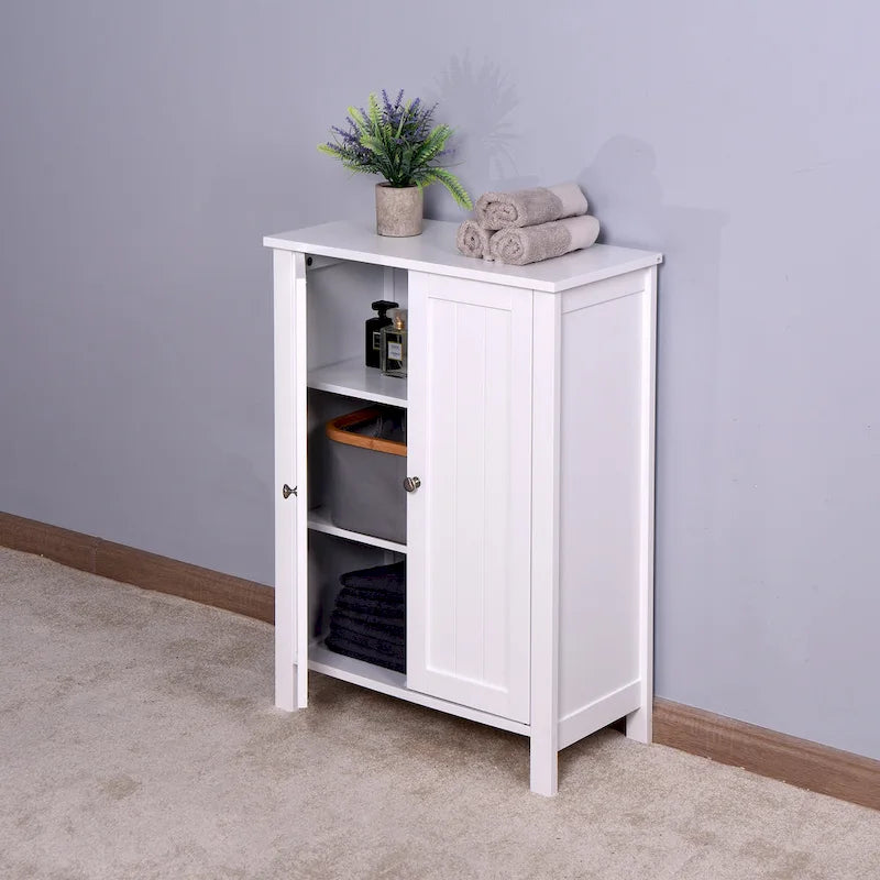 Wooden Bathroom Floor Storage Cabinet with Adjustable Shelves White