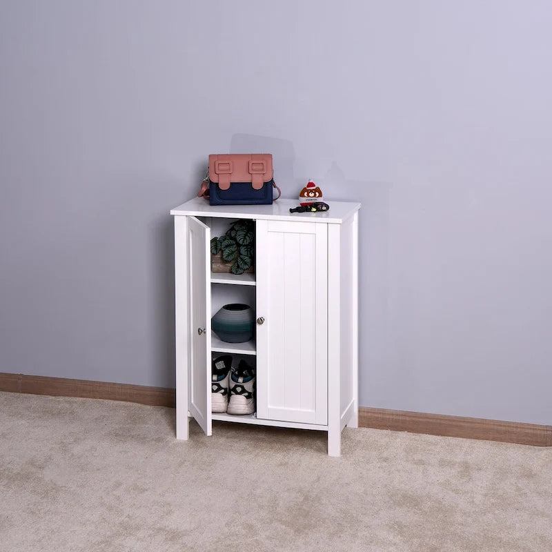 Wooden Bathroom Floor Storage Cabinet with Adjustable Shelves White