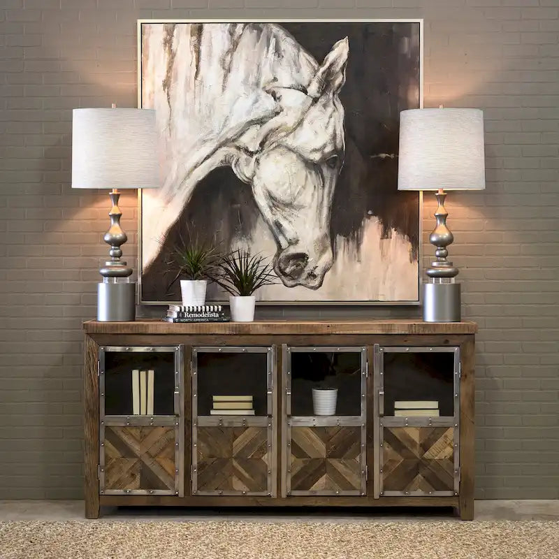 4-Door Reclaimed Railroad Tie Wood with Clear Glass Sideboard