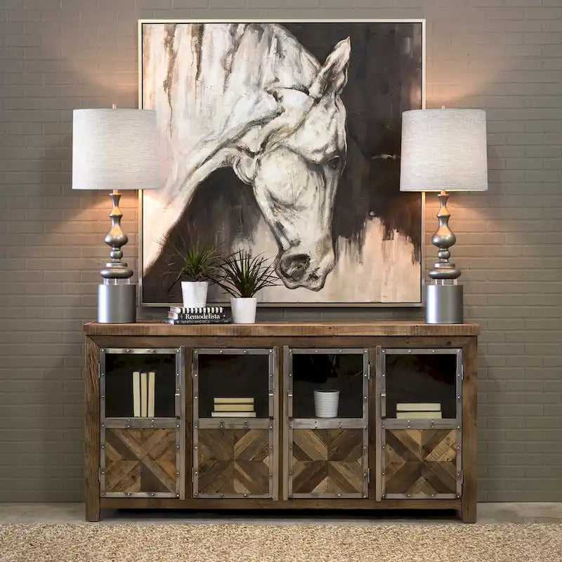 4-Door Reclaimed Railroad Tie Wood with Clear Glass Sideboard