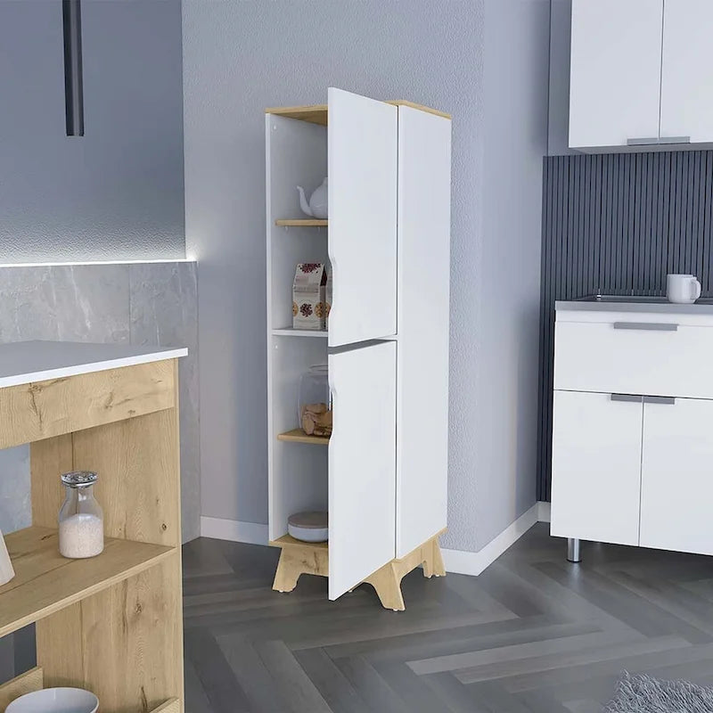 Single Kitchen Pantry, Four Shelves, Two Doors, Light Oak White Finish