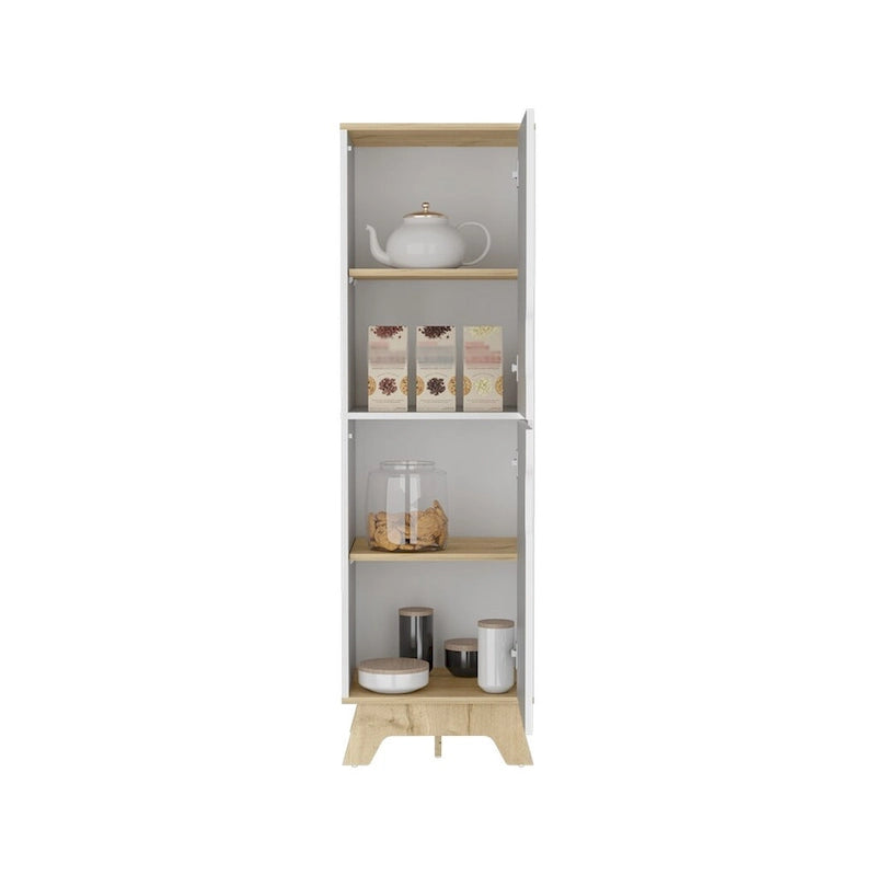 Single Kitchen Pantry, Four Shelves, Two Doors, Light Oak White Finish
