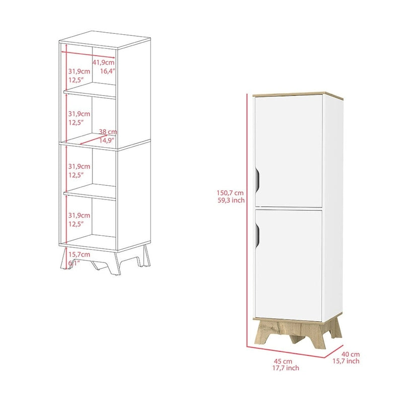 Single Kitchen Pantry, Four Shelves, Two Doors, Light Oak White Finish