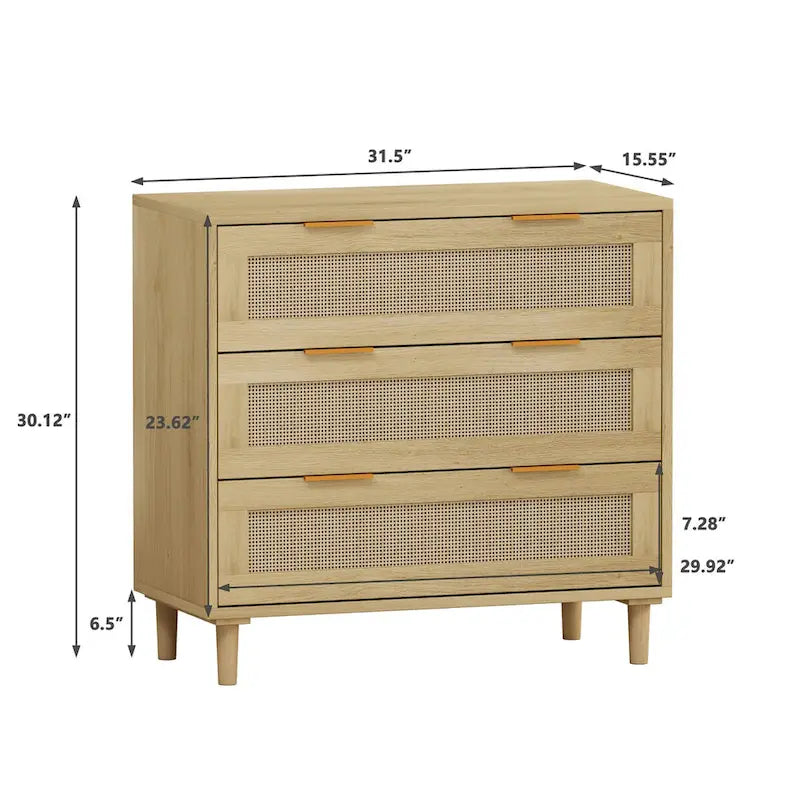3-Drawer Rattan Storage Cabinet for Bedroom Living Room and Hallway